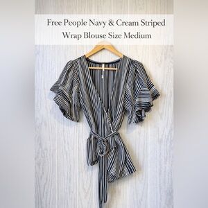 Free People Navy & Cream Striped Wrap Blouse Size M Flutter Sleeve Tie Waist